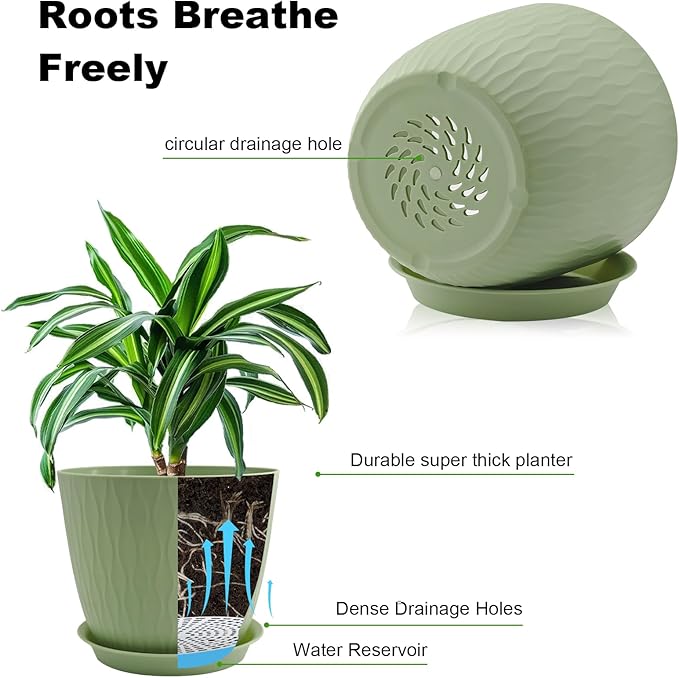 8/7/6 inch Plant Pots, 3 Pack Flower Pots for Outdoor Indoor Garden Plants, Large Planters with Multi Mesh Drainage Holes and Saucer (Green, 8"+7"+6")