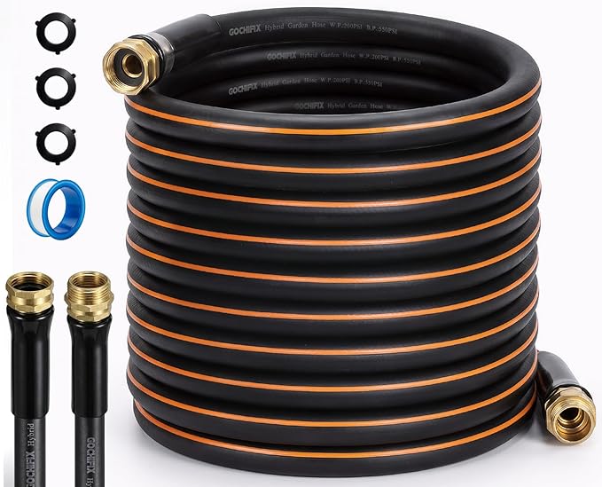 Garden Hose, 25ft 5/8" Heavy Duty Rubber Water Hose, 550 PSI Burst, 360° Anti-Kink Swivel Connectors, All-Weather Flexible, Leakproof 3/4" Brass Male to Female Fittings