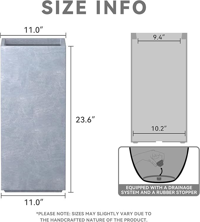 Kante 23.6" H Tall Rectangular Concrete Planter, Modern Square Diameter Plant Pot with Drainage Hole and Rubber Plug for Indoor Outdoor Home Patio Garden, Slate Gray
