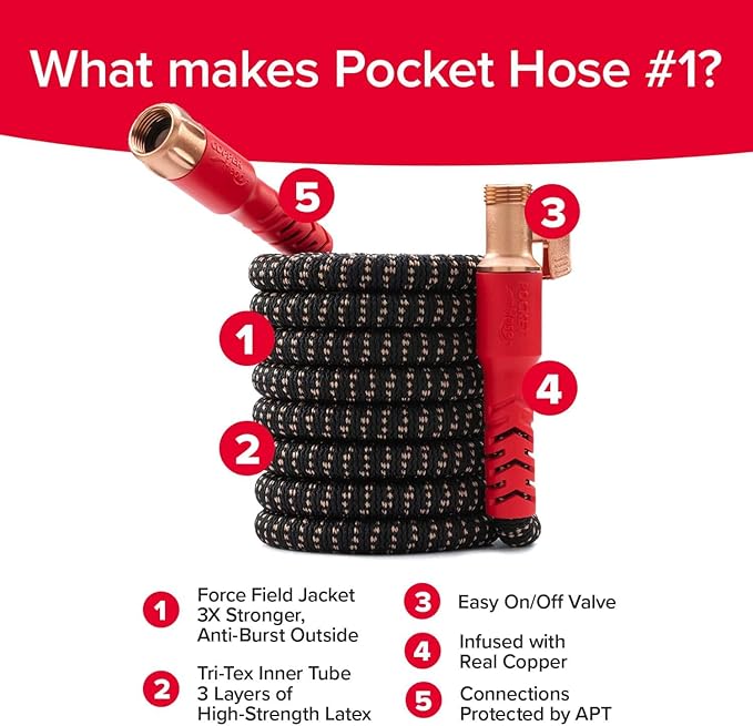Pocket Hose Copper Head Expandable Garden Hose 100 ft with Pocket Pivot, No Tangles, AS SEEN ON TV, 360° Swivel, Tri-Tex Tubing, Force Field Jacket, Lead-Free, No-Kink, Anti-Burst w/APT