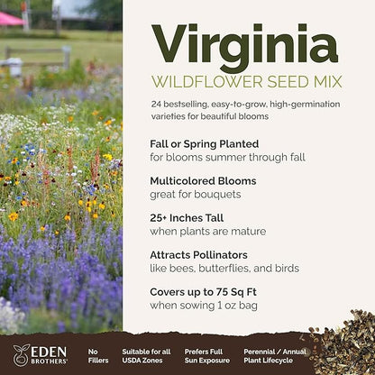 Eden Brothers Virginia Wildflower Mixed Seeds for Planting, 1 oz, 30,000+ Seeds with Five Spot, African Daisy | Attracts Pollinators, Plant in Spring or Fall, Zones