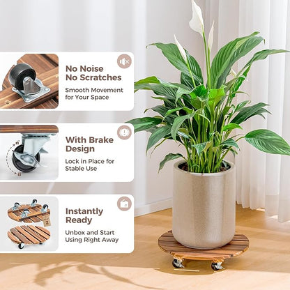 Bamworld Plant Stand with Wheels Plant Caddy Outdoor 4 Pack 12in Rolling Planter Caddy with Swiveling and Lockable Caster for Indoor Patio Plant Dolly Wood Wheeled Mobile Roller