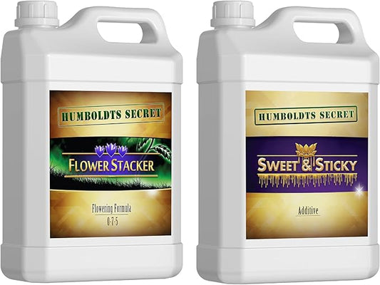 Humboldts Secret Flower Stacker Nutrient System for Potting Soil for Indoor & Outdoor Plants (1 Gallon) w/Sweet & Sticky – Carbohydrate and Saccharide Energy Source – Energy for Plants (1 Gallon)