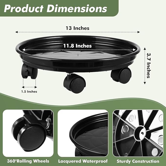 6 Packs Plant Caddy with Wheels 11.8" Plastic Rolling Plant Dolly Coasters Heavy-duty Wheeled Planter Mover Rollers Indoor Outdoor Wheeled Flower Pot Base Suacers with Casters, Black