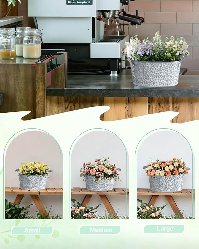 Galvanized Metal Oval Planter Buckets with Handles – Set of 3 Rustic Farmhouse Flower Tubs with Drain Holes & Plugs, Vintage Small Pots for Herbs, Succulents, Wedding or Tabletop Decor (Stone style)