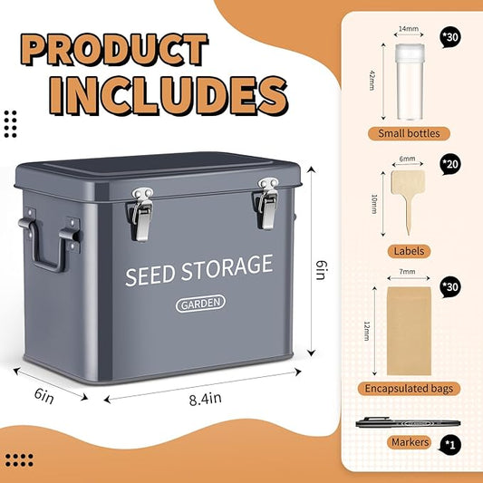 Blulu 85 Pcs Seed Storage Organizer 3 Compartment 30 Slot Metal Seed Saving Box with Lid and Lock with 1 Marker Pen, 20 Plant Labels, 30 Envelopes, 30 Bottles, Stickers for Garden Flower Plant(Grey)