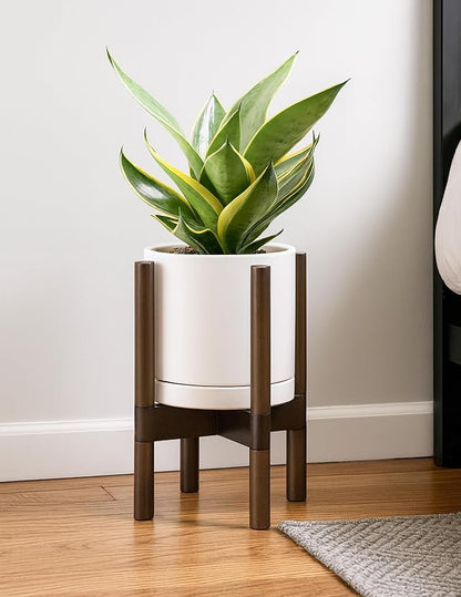 D'vine Dev Ceramic Planter with Walnut Color Stand - 8 Inch Modern Round Flower Pot with Wood Planter Holder, Oatmeal, 55-B-Y-8