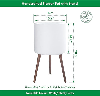 D'vine Dev 16 Inch Planter Pot with Stand, Mid-Century Tall Plant Pot with Legs for Indoor Plants, XX-Large, White, 88-O-E-1