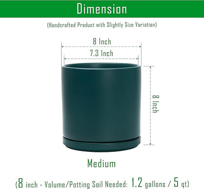 D'vine Dev 8 Inch Ceramic Planter Pot with Drainage Hole and Saucer, Indoor Cylinder Round Planter Pot, Teal, 94-O-D-9