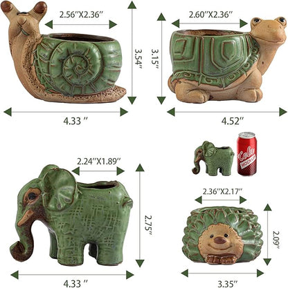 Small Succulent Pots with Drainage, Indoor/Outdoor Ceramic Animal Planter, Cute Cactus/Bonsai Small Flower Pots for Home Decor and Office Desk Decoration, A Set of 4 Pieces is Suitable as A Gift