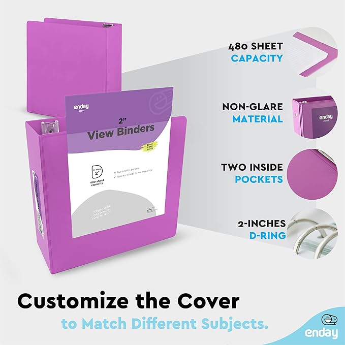 2 Inch 3 Ring Binder 2” Purple, Slant D-Ring 2 in Binder Clear View Cover with 2 Inside Pockets, Heavy Duty Colored School Supplies Office and Home Binders – by Enday
