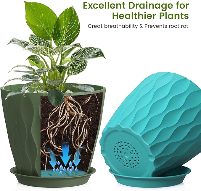 8 Inch Plant Pots, 4 Pack Plastic Planters for Indoor Outdoor with Drainage Holes & Saucers, Waffle Texture Flower Pots for Indoor Plants, Indoor Plant Pots for Monstera, Fiddle Leaf Fig Colorful