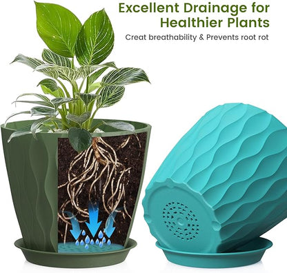 8 Inch Plant Pots, 4 Pack Plastic Planters for Indoor Outdoor with Drainage Holes & Saucers, Waffle Texture Flower Pots for Indoor Plants, Indoor Plant Pots for Monstera, Fiddle Leaf Fig Colorful