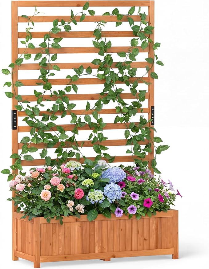 HAPPYGRILL Raised Garden Bed with Trellis, 59" Tall Wooden Elevated Planter Box w/Liner, Drainage, Detachable Base Panel for Climbing Plant Vine Flower, Outdoor Planter w/Trellis for Patio (1)