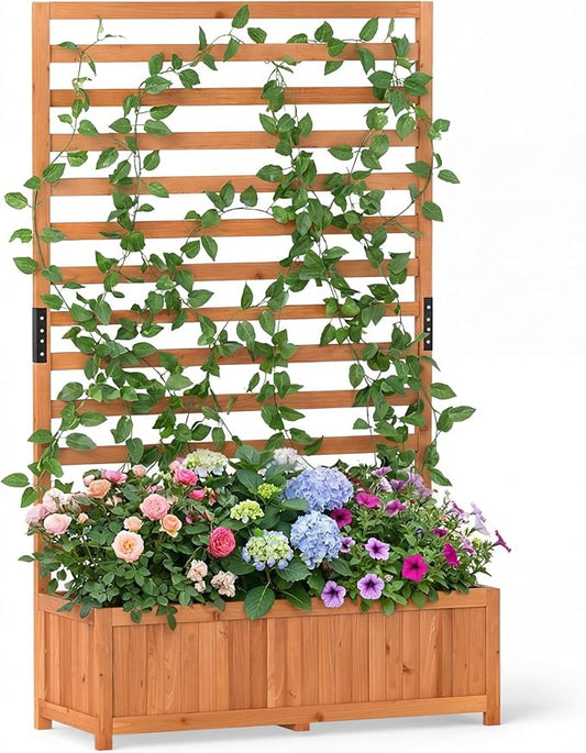 HAPPYGRILL Raised Garden Bed with Trellis, 59" Tall Wooden Elevated Planter Box w/Liner, Drainage, Detachable Base Panel for Climbing Plant Vine Flower, Outdoor Planter w/Trellis for Patio (1)