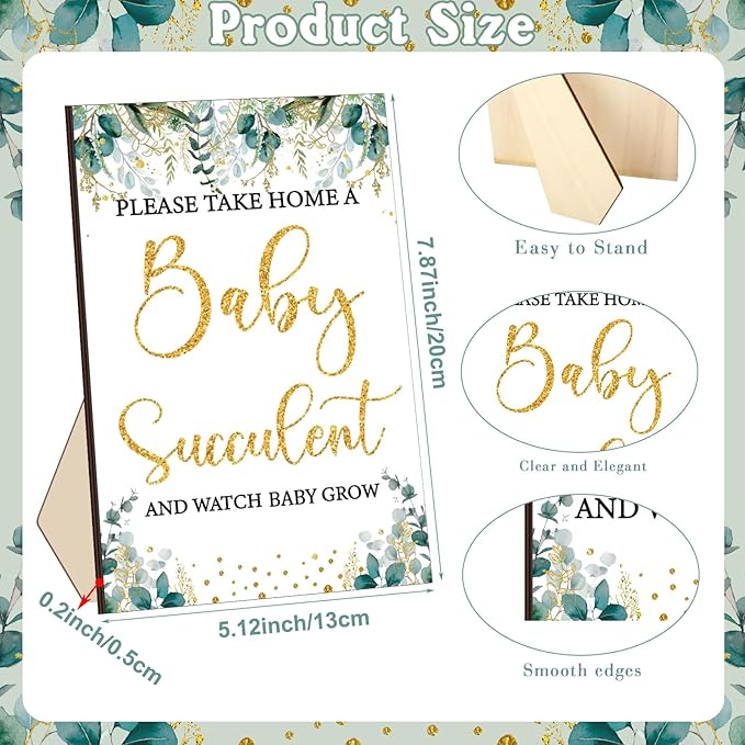 51 Pcs Watch Baby Grow Succulent Tags Baby Shower Party Favors Include 1 Piece Wooden Table Sign 50 Sets Succulent Favor Tags Decorations(Greenery Style)