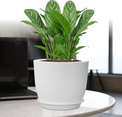 12/10/9 Large Plant Pots, Plastic Planters with Drainage Holes and Saucers for Indoor Outdoor Plants Flowers, White