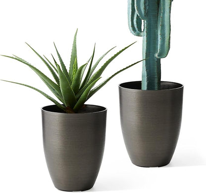Glitzhome 16.75" H Large Planters for Outdoor Plants, Set of 2 Black Tall Planter with Drainage Holes, Large Flower Pots for Front Porch, Patio, Deck, Faux Brushed Steel Texture Finish