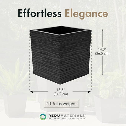 Tierra Verde Indoor & Outdoor Self-Watering Square Planter, Citadel Serenity, 14”, Black - Planting Containers for Plants and Flowers - Gardening and Landscaping Accessories