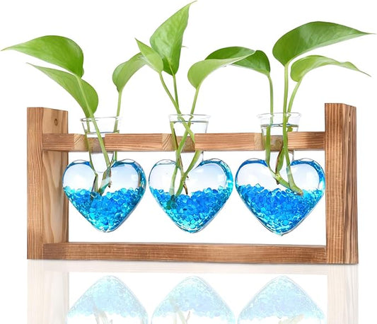 Nacome Plant Terrarium Propagation Stations: Birthday Gifts for Plant Lovers Women Mom Wife Daughter - 3 Bulb Glass Vase with Wooden Stand Tabletop for Hydroponics Home Garden Wall Decor