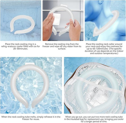 2Pcs Neck Cooling Tube with Insulated Bag, Reusable Cooler Ice Neck Ring Warps, Ice Pack for Wearable Stay Cool for Hot Weather, Summer, Outdoors, Sports, Work(Blue, White)