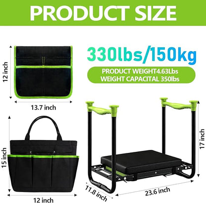 Garden Kneeler and Seat, Heavy Duty Gardening Stool with 1.8" Thick Detachable Kneeling Pad, Foldable Bench Chair with Tool Pouch and Bag for Knee & Back Pain Relief for Women, Men, Seniors (Green)