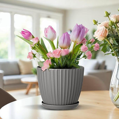 Gray 6-Inch Plant Pots with Drainage & Saucers 24 Pack, Indoor & Outdoor Planters for Houseplants, Herbs, and Flowers, Durable & Weatherproof Material, Stackable, Lightweight, Minimalist Design