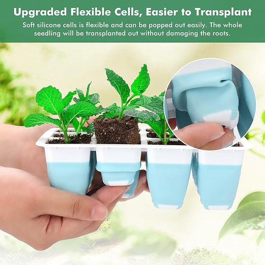 Reusable Seed Starter Tray with 72 Soft Silicone Cells, 6 Pack Seed Starter Kit with Repotting Mat, Humidity Dome and High Lid, Germination Trays for Indoor Greenhouse Seed Starter