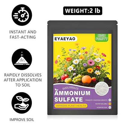 Ammonium Sulfate (21-0-0) – High Nitrogen (21%) & Sulfur (24%) – Water Soluble Crystal Powder – Agricultural Grade for Lawns (2 Pounds)