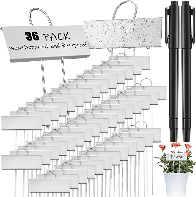Maitys 38 Pcs Metal Garden Markers Plant Label Stakes Outdoor Weatherproof 10.6 Inch Stainless Steel Nursery Tags Bulk with Pens (Silver Label with Black Ink)