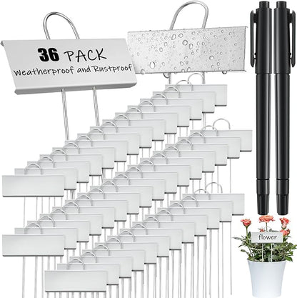 Maitys 38 Pcs Metal Garden Markers Plant Label Stakes Outdoor Weatherproof 10.6 Inch Stainless Steel Nursery Tags Bulk with Pens (Silver Label with Black Ink)