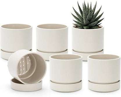 Phoenix Vine 4 Inch Planter Pot with Drainage Hole & Saucer, Deep Water Catch Tray, Straight Cylindrical Round Pot for Plants, Oatmeal, Pack of 6, 23-E-R-6