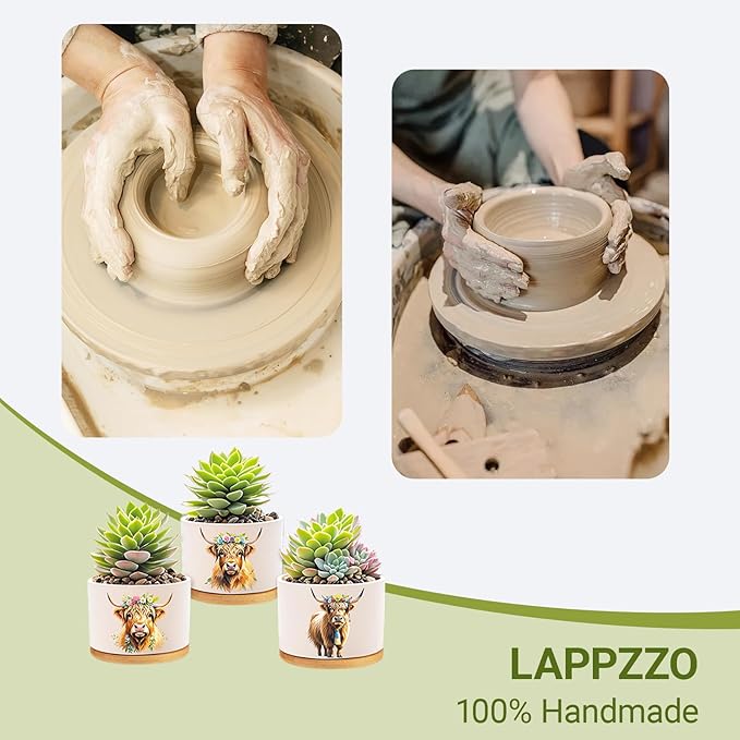 Highland Cow Planters for Indoor Plants – 1350°C Kiln-Fired Fine Ceramic Succulent Planter Set of 3, Funny Animal Pots for Room, Bathroom, Yoga, Meditation Decor (No Plant Included)