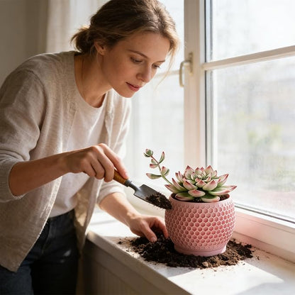 Plant Pots, Modern 3D Printed Honeycomb Planters for Indoor Plants, 4.7 Inch Cherry Pink Decorative Flower Pot for Office Desktop, Bookshelf & Home Decor, Lightweight & Durable.