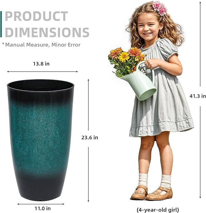 24" Tall Planters Set of 2, High-Density PP Ceramic-Look Outdoor Pots for Plants, Versatile Indoor/Outdoor Flower Pots w/Drainage Hole for Patio Garden Porch & Living Room Decor, Ideal Gift