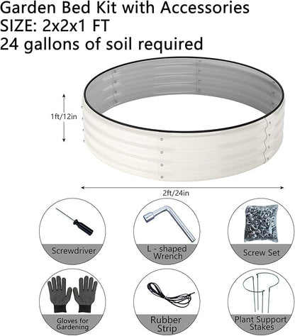 Galvanized Metal Planter Round Raised Garden Bed Kit for Gardening Outdoor，2x2x1ft Grow Garden Box Raised Flower Bed，Round Galvanized Planter Outdoor Metal Fire Pit Ring White