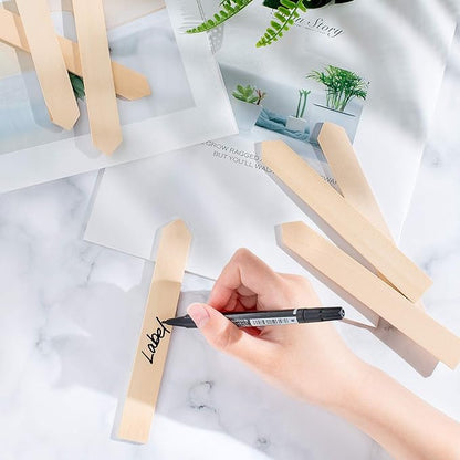 Whaline 50Pcs Wooden Plant Labels with A Marker Pen, Waterproof Pointed Wooden Plant Sign Tags Eco-Friendly Garden Markers for Seed Potted Herbs Flowers Vegetables (15 x 2 cm)