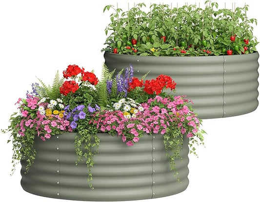 DDK Galvanized Raised Garden Bed, Round Outdoor Planter Bed, 4x4x1.5ft Metal Planter Box for Gardening and Planting,2Pack,LG