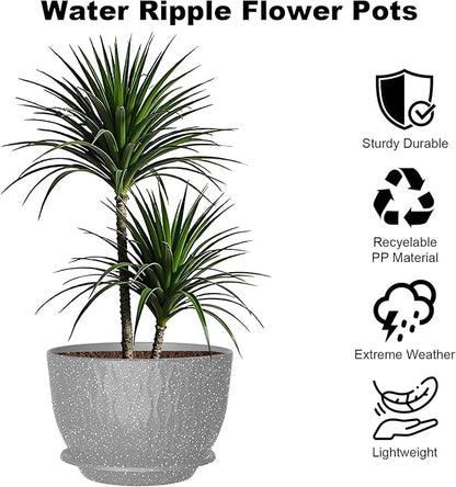 12 Inch Large Plant Pots, Flower Pots with Multi-Mesh Drainage Holes and Saucer, Plastic Planters for Indoor and Outdoor Garden Plants (Speckled Grey, 12")