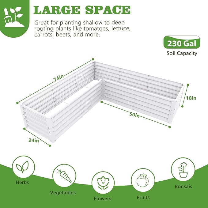 A ANLEOLIFE 4 Set L-Shaped Galvanized Raised Garden Beds Outdoor,74x74x18in Large Metal Planter Box for Planting Vegetables Flowers Herb, Anti-Rust & Easy-Setup, Antique White