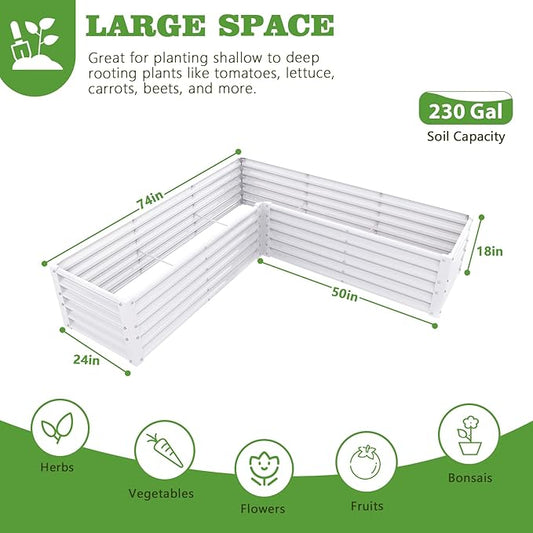 A ANLEOLIFE 4 Set L-Shaped Galvanized Raised Garden Beds Outdoor,74x74x18in Large Metal Planter Box for Planting Vegetables Flowers Herb, Anti-Rust & Easy-Setup, Antique White