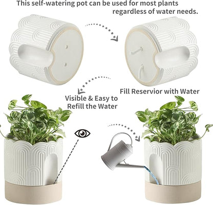 Nihow Self Watering Plant Pot for Indoor Plants with Wick: 8 Inch Ceramic Planter with Drainage Hole & Water Storage - Relief Design - Beige & Nature Flower Pot