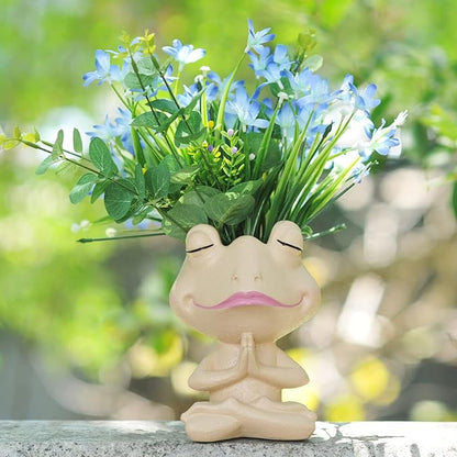 Face Planters Pots Head Yoga Frog Resin Plant Pot with Drainage Hole(Khaki-B)
