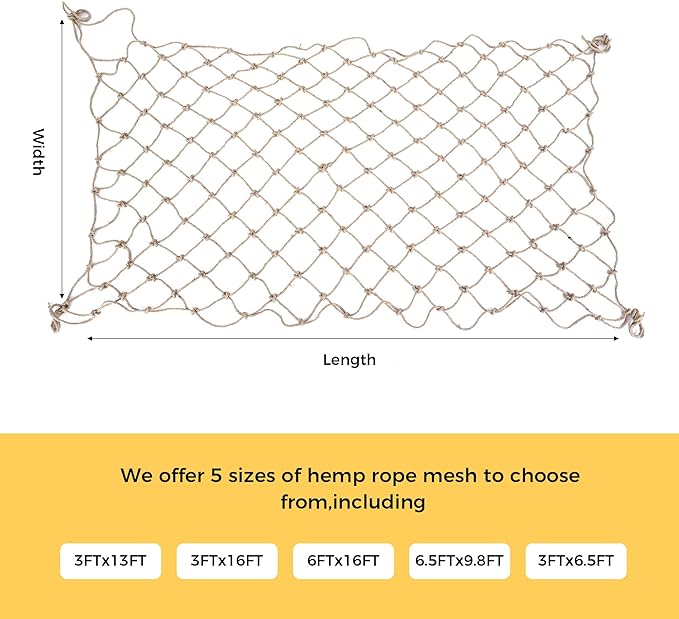 Jute Hemp Rope Net,Heavy Duty Natural Safety Rope Netting Balcony Stairs Fence Garden Playground Protection Net Indoor & Outdoor Decoration Rope Netting (6.5FT*9.8FT)