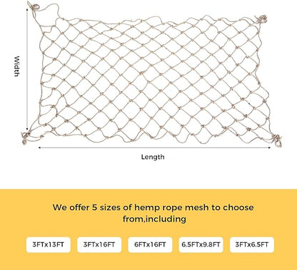Jute Hemp Rope Net,Heavy Duty Natural Safety Rope Netting Balcony Stairs Fence Garden Playground Protection Net Indoor & Outdoor Decoration Rope Netting (6.5FT*9.8FT)
