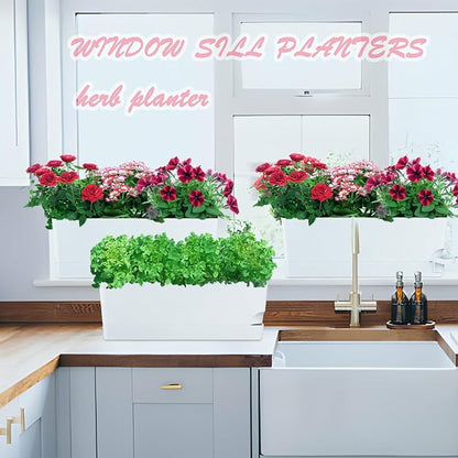 2 Pack Self Watering Pots for Indoor Plants 17 Inches Window Boxes Planters Rectangular Flower Pots Rectangle Herb Pots Large Plant Pots with Drainage Holes and Saucers Windowsill Planter, White