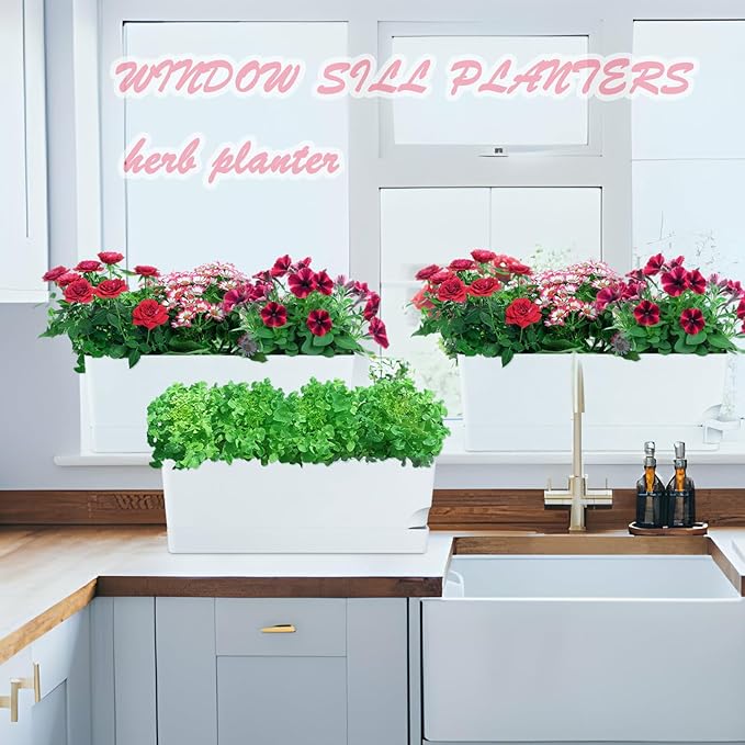 4 Pack Self Watering Pots for Indoor Plants 17 Inches Window Boxes Planters Rectangular Flower Pots Rectangle Herb Pots Large Plant Pots with Drainage Holes and Saucers Windowsill Planter, White