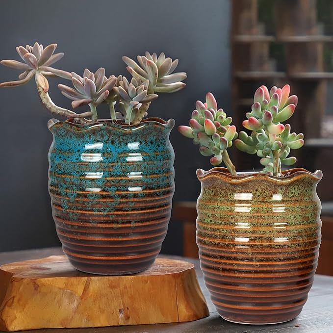 2 Pack Ceramic Plant Pots - Flower Pots with Drainage Hole Classical Old Pile Pots for Outdoor/Indoor Plants, Flowers, Succulents, Cactus (4.5 Inch)