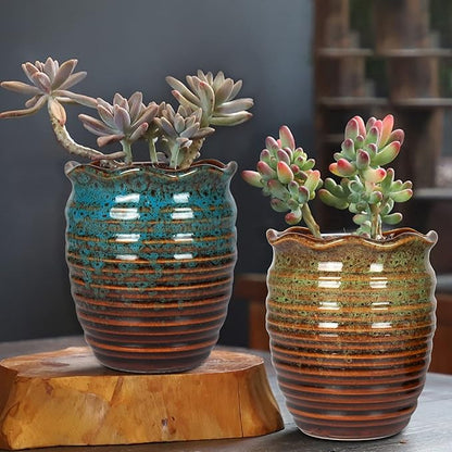 2 Pack Ceramic Plant Pots - Flower Pots with Drainage Hole Classical Old Pile Pots for Outdoor/Indoor Plants, Flowers, Succulents, Cactus (4.5 Inch)