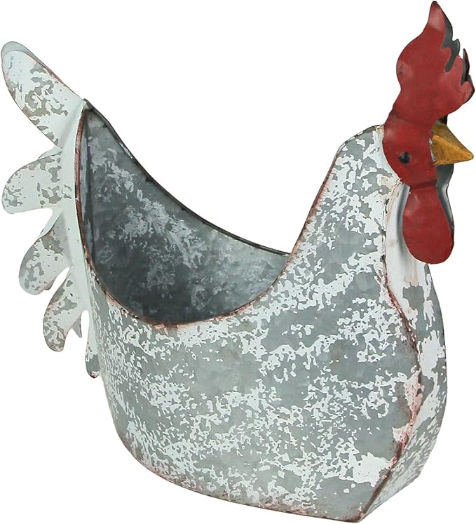 Charming Weathered White Metal Rooster Planter for Indoor and Outdoor Country Farmhouse Decor - Rustic Garden or Porch Accent Measuring 15.5 Inches Long
